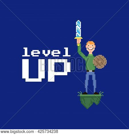 Colorful Simple Flat Pixel Art Illustration Of Smiling Guy Holding A Sword And Shield In His Hands A