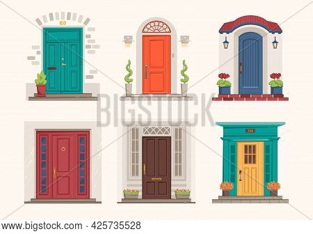 House Doors. Cartoon Front Entrance. Exterior Wall Doorsteps With Porches. Outside Cottage Doorways 