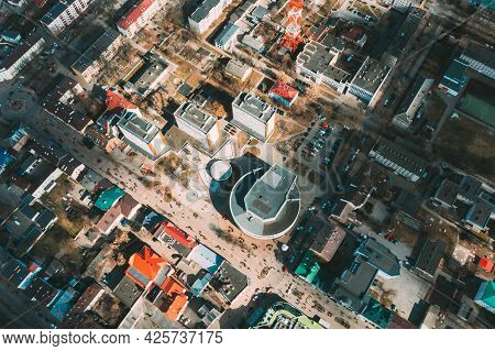 Brest, Belarus. Brest Cityscape Skyline In Spring Day. Birds-eye View Of Residential Districts And B