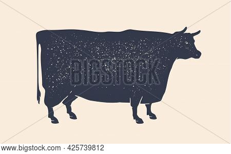 Cow Or Bull Silhouette. Black And White Isolated Cow Or Bull Silhouette. Vintage Retro Print For Mea