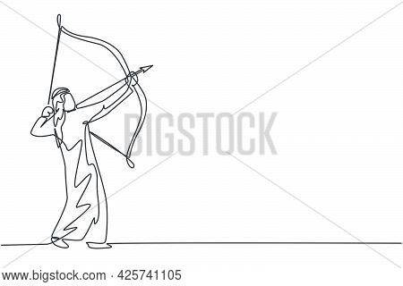 Continuous One Line Drawing Of Young Arab Businessman Aim Target Before Release Arrow From The Bow. 