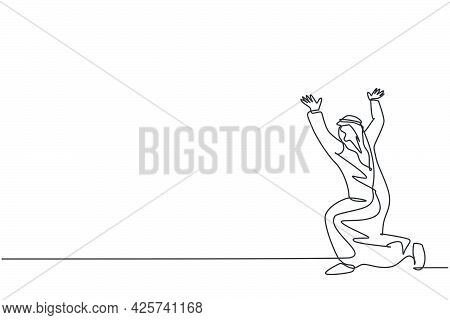 Single Continuous Line Drawing Of Young Arabian Businessman Pose Kneeling Hold Gesture, Lifting Obje