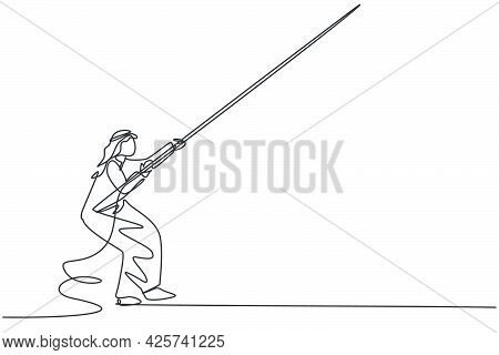 Single Continuous Line Drawing Of Young Arabian Businessman Pulling The Rope Down From The Sky. Prof