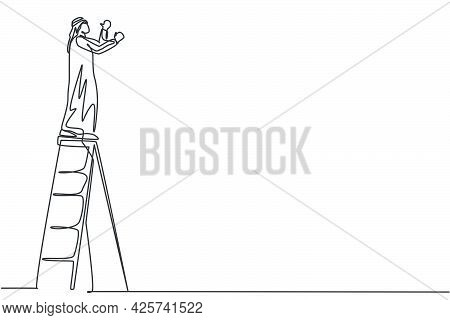 Single One Line Drawing Of Young Arabic Male Handyman Fixing The Broken Wall Using Ladder. Repairman