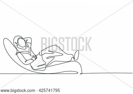 Continuous One Line Drawing Of Young Arabic Female Manager Nap Sleep Relax On Office Sofa. Success B