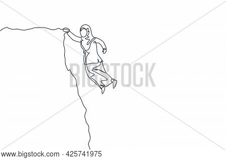 Single Continuous Line Drawing Young Professional Female Arab Entrepreneur Struggle Hanging On Edge 