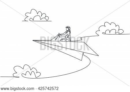 Continuous One Line Drawing Of Young Arab Male Worker Flying With Paper Plane Doing Business Trip. S