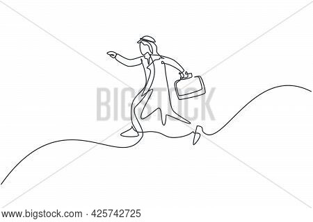 Single Continuous Line Drawing Of Young Arab Business Man Jumping High To The Sky. Success Professio