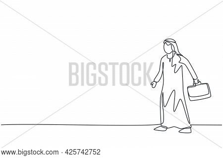 Continuous One Line Drawing Young Arab Male Worker Walking To His Office While Holding Briefcase. Su
