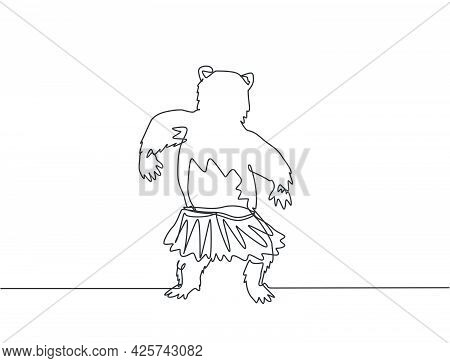 Continuous One Line Drawing A Bear Dances Cutely While His Back To The Audience. Circus Troupe Trave
