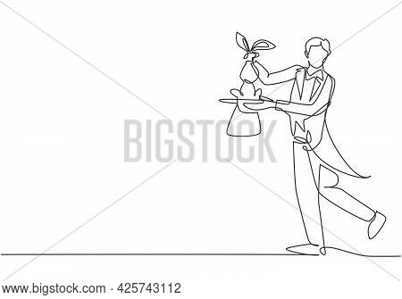 Single Continuous Line Drawing The Magician Puts On A Show By Getting A Rabbit Out Of His Magic Hat.