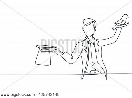 Single Continuous Line Drawing The Magician Puts On A Show By Getting A Bird Out Of His Magic Hat. V