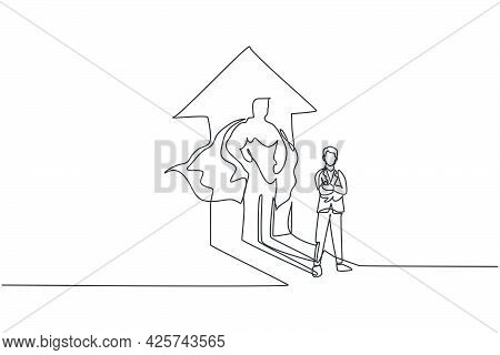 Continuous One Line Drawing Young Smart Male Worker Standing With Superhero Shadow Reflect To The Wa