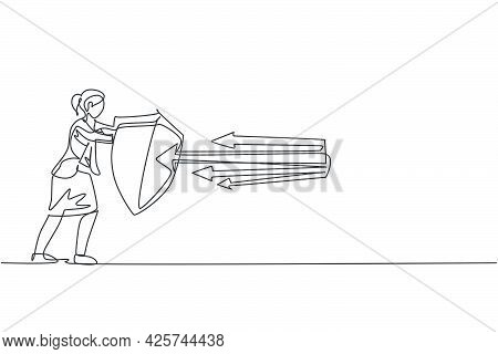 Continuous One Line Drawing Of Young Female Worker Holding Metal Shield To Protect From Arrow Attack
