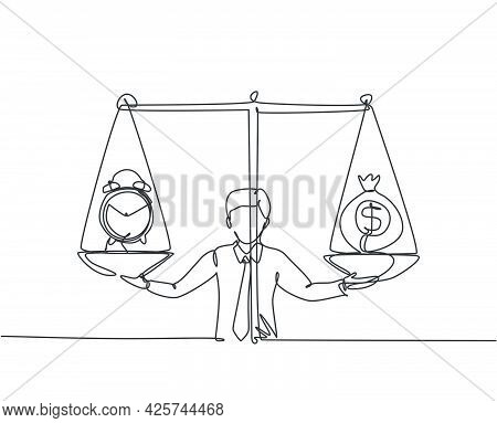 Single Continuous Line Drawing Young Business Man Weight Money Bag And Analog Clock With Scale. Mini
