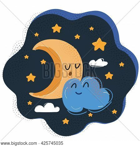 Vector Illustration Of Lue Cloud With Yellow Crescent Moon On Dark Background.
