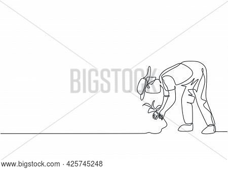 Single One Line Drawing Of Young Male Farmer Plant Crops In The Farm Fields. Professional Farmer. Fa