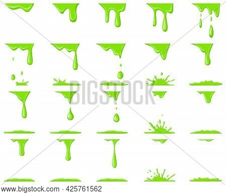 Slime Animation. Dripping Green Cartoon Drops And Splash, Halloween Liquid Toxic Slime Blobs Vector 