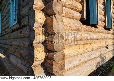 View Of The Corner Of An Old Village House In A Russian Village. The Casing Has Been Removed, Old Lo