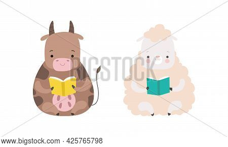 Funny Baby Animals Reading Books Set, Adorable Little Cow And Sheep Sitting And Learning, Kids Educa