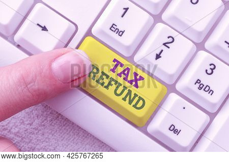 Handwriting Text Tax Refund. Word Written On Excess Payment Of Paid Taxes Returned To Business Owner