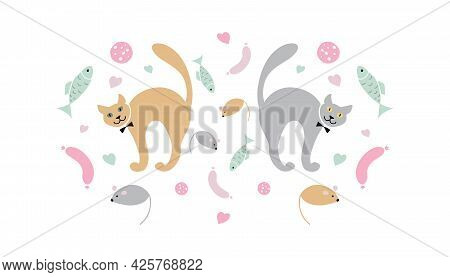Cute Friendly Cartoon Style Cats With Bow Ties Surrounded With Hearts, Cat Toys, Food And Treats In 