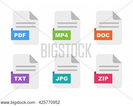 File Type Icon Set. Format Of Documents. File Extensions. Colored File Type And Document In Flat Sty