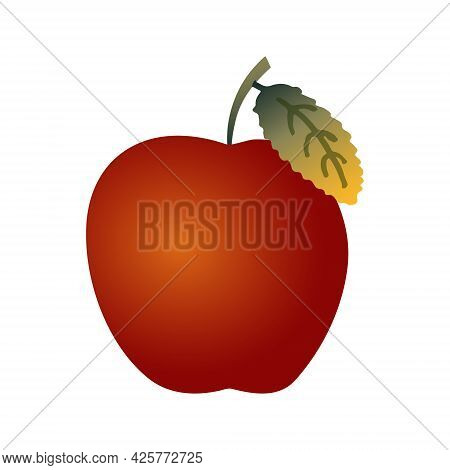 Bright Red Flat Art Apple With A Stem And A Green Leaf Isolated On A White Background