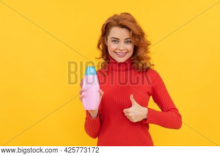 Happy Woman Use Shower Gel. Girl Curly Hair Hold Shampoo Bottle Show Thumb Up.