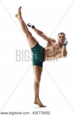 Mma Kick. Sport Concept. Mma Fighter Isolated On White Background. Athlete. Mawashi