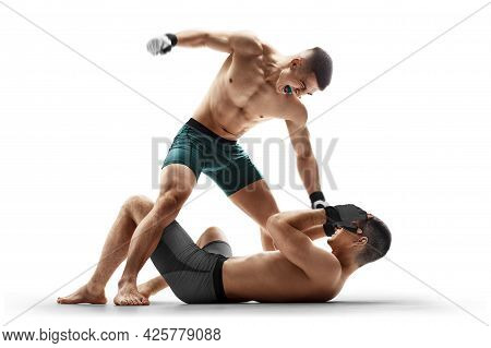Mma. Ground And Pound. Two Fighters Are Fighting. Punches. Sport Concept. Emotions Of Winner. Isolat