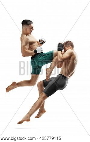 Mma. Knee Kick To The Head. Two Fighters Are Fighting. Jump Kick. Sport Action Concept. Isolated