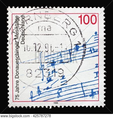 ZAGREB, CROATIA - AUGUST 29, 2014: A stamp printed in Germany shows Autograph of Michael Bach Nachtisch, 75th Anniversary of Donaueschingen Music Festival, circa 1996