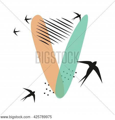 Minimalistic Pattern An Oriental Style In Form Of Letter V. Flock Of Swallows Flies. Abstract Object