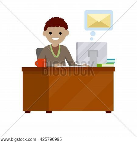 Young Man Sit At Table With Computer And Receives Letter. E-mail In Messenger, Chat With Friends On 