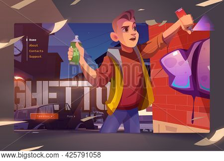 Graffiti Painter In Night Ghetto Cartoon Landing Page. Boy Teenager Painting On Brick Wall With Aero