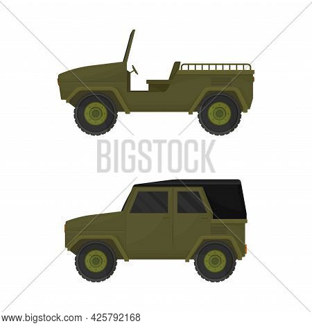 Military Car As Transportation Vehicle Used In Army For Carrying Armed Forces Vector Set