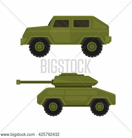 Military Car And Armed Machinery As Transportation Vehicle Used In Army Vector Set