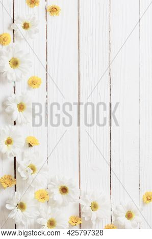 White Chrysanthemum And Yellow Coltsfoot On White Wooden Background