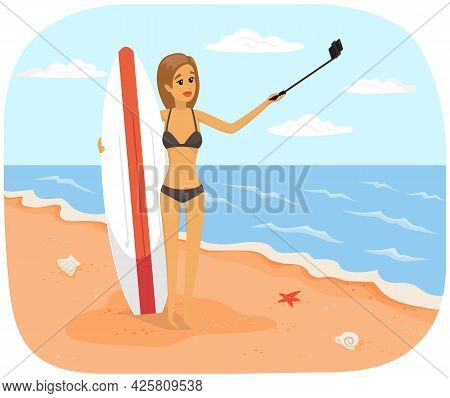 Girl Is Having Summer Vacation And Surfing. Woman In Swimsuit Is Photographed On Phone Camera. Lady 
