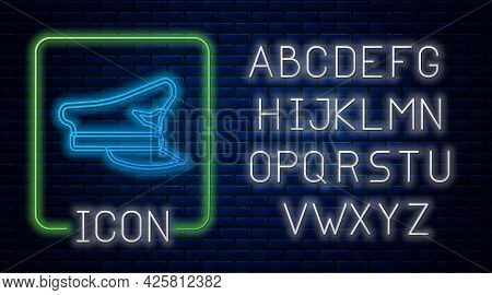 Glowing Neon Pilot Hat Icon Isolated On Brick Wall Background. Neon Light Alphabet. Vector