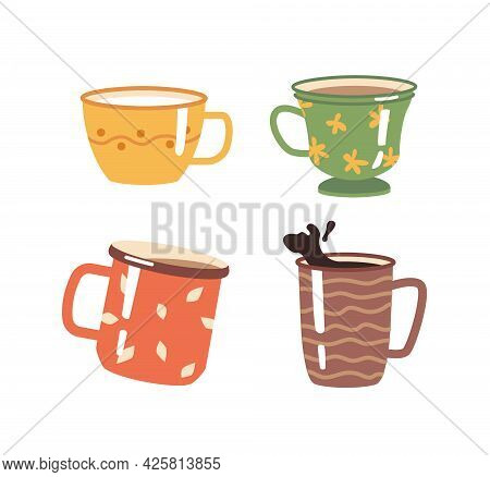 Coffee And Tea Hot Beverages In Cups And Mugs Decorated With Ornaments. Isolated Cappuccino Or Ameri