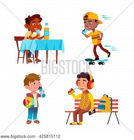 Boys Kids Drinking Delicious Drink Set Vector. African Child Ride On Skateboard, Preteen Sitting On 