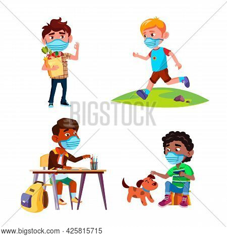 Boys Wearing Protective Facial Mask Set Vector. Boys Children With Facial Mask Studying In School An