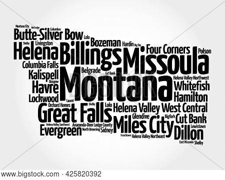 List Of Cities In Montana Usa State, Map Silhouette Word Cloud, Map Concept Background