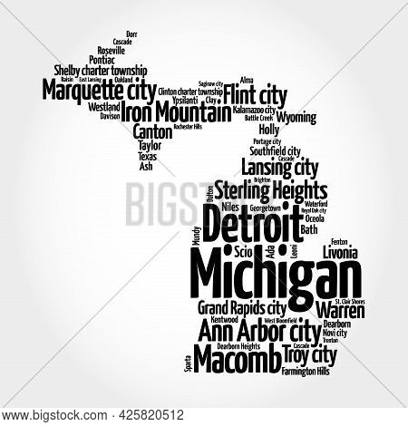 List Of Cities In Michigan Usa State, Map Silhouette Word Cloud, Map Concept Background