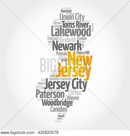 List Of Cities In New Jersey Usa State, Map Silhouette Word Cloud, Map Concept Background