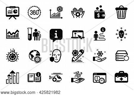Vector Set Of Science Icons Related To Freezing, Medical Helicopter And 360 Degrees Icons. Employee 