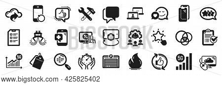 Set Of Technology Icons, Such As Engineering Team, 5g Statistics, Spanner Tool Icons. Timer, Checkli