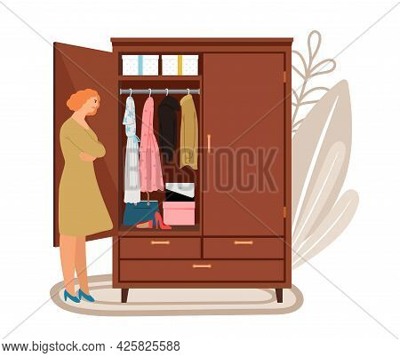 Woman And Open Wardrope. Negative Female Characters Think About Clothes Vector Scene